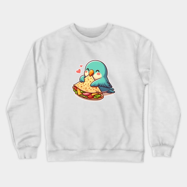 cute love birds are eating Mexican specialties, Tacos, Burritos, Enchiladas, Quesadillas, Guacamole, Fajitas, Chiles Rellenos, Tamales, Mole, Chilaquiles, Crewneck Sweatshirt by art poo